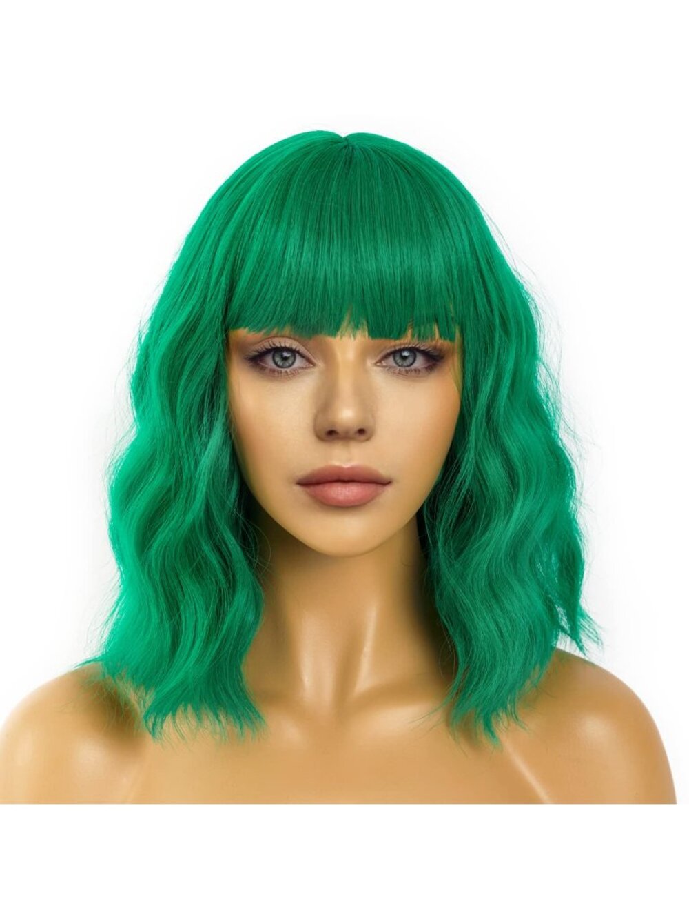 Women's Ice Blue Shoulder Length Synthetic Loose Wavy Short Bob Wigs Bangs